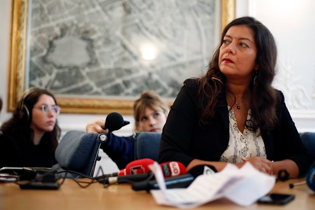 French journalist Sandra Muller gives a press conference, in Paris, Wednesday, Sept. 25, 2019. 