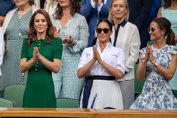 Pippa joins Kate and Meghan at Wimbledon on July 13, 2019 in London, England. 