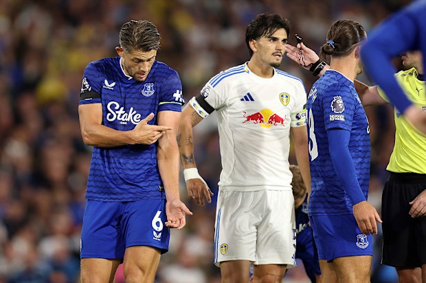 James Tarkowski of Everton reacts following a hand ball incident.