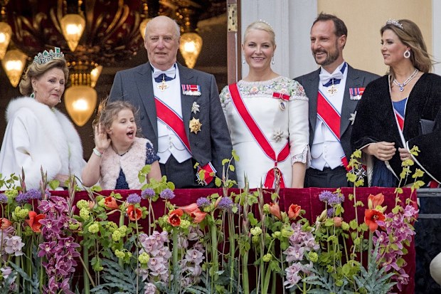 Queen Sonja, King Harald, Emma Tallulah Behn, Crown Princess Mette-Marit, Crown Prince Haakon and Princess Martha Louise on May 9, 2017.
