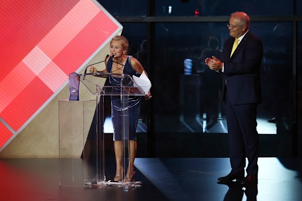 2021 Australian of the Year Grace Tame and Prime Minister Scott Morrison during the 2021 Australian of the Year Awards 