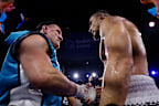 Paul Gallen and Sonny Bill Williams shake hands after their heavyweight bout.