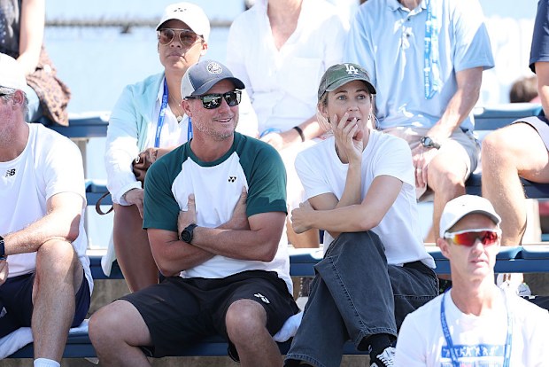 NEW YORK, NEW YORK - AUGUST 31: Lleyton Hewitt and Bec Cartwright look on from the stands during their son Cruz Hewitt of Australia Junior Boys' Singles Fourth Round match against Benjamin Willwerth of the United States on Day Eight of the 2025 US Open at USTA Billie Jean King National Tennis Center on August 31, 2025 in the Flushing neighborhood of the Queens borough of New York City. (Photo by Clive Brunskill/Getty Images)