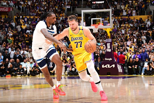 Luka Doncic of the Los Angeles Lakers handles the ball.