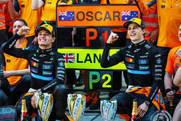 Lando Norris of Great Britain and McLaren and Oscar Piastri of Australia and McLaren during the McLaren team photo during the F1 Grand Prix of China at Shanghai International Circuit on March 23, 2025 in Shanghai, China. (Photo by Kym Illman/Getty Images)