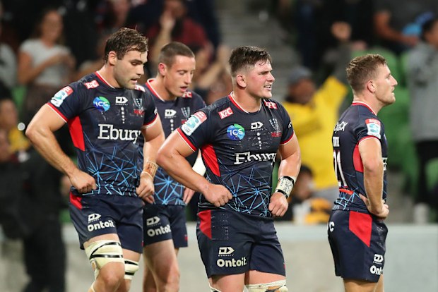 Rebels players during a 2023 game against the Hurricanes.