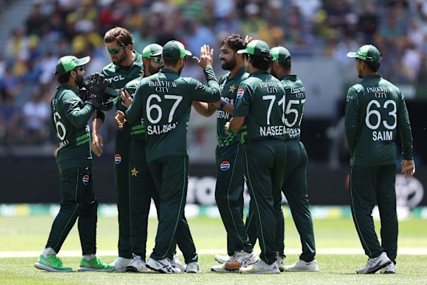 Haris Rauf of Pakistan celebrates the wicket of Matthew Short.