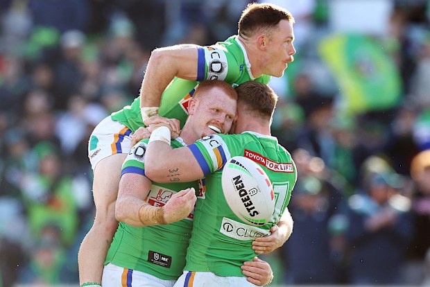 Corey Horsburgh of the Raider celebrates scoring a try.