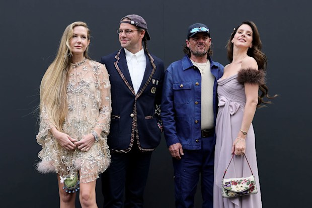 PARIS, FRANCE - OCTOBER 05: Caroline Grant, guest, Jeremy Dufrene and Lana Del Rey attend Valentino show as part of Paris Fashion Week on October 05, 2025 in Paris, France. (Photo by Vittorio Zunino Celotto/Getty Images for Valentino)