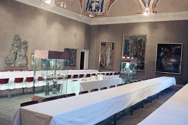 A view of the Cardinals' tables in the Sistine Chapel in Vatican City. The conclave will celebrate Mass here for prayers for inspiration to elect the successor.