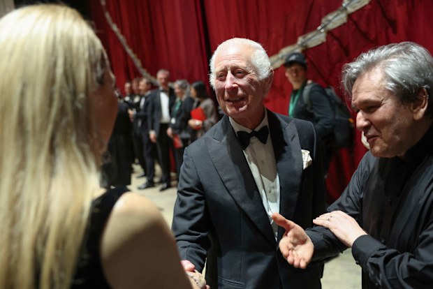 LONDON, UNITED KINGDOM - MAY 16: King Charles III meets with the cast of a special Gala performance, next to Antonio Pappano, on the day of an event celebrating Antonio Pappano's 22 years as Music Director at the Royal Opera House on May 16, 2024 in London, England.  (Photo by Isabel Infantes-WPA Pool/Getty Images)
