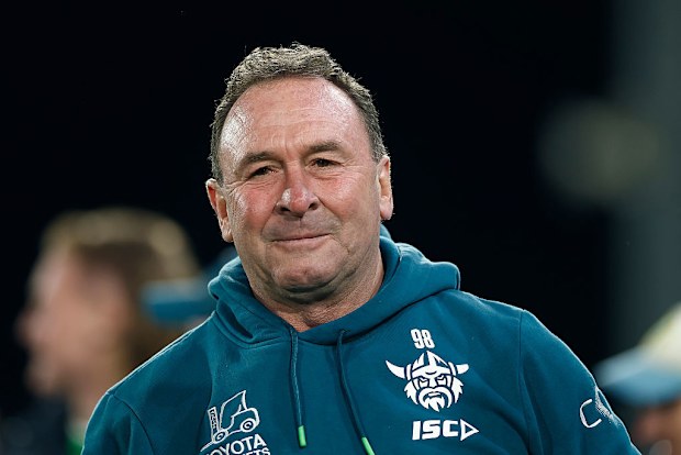 Raiders coach Ricky Stuart reacts after his team's win.