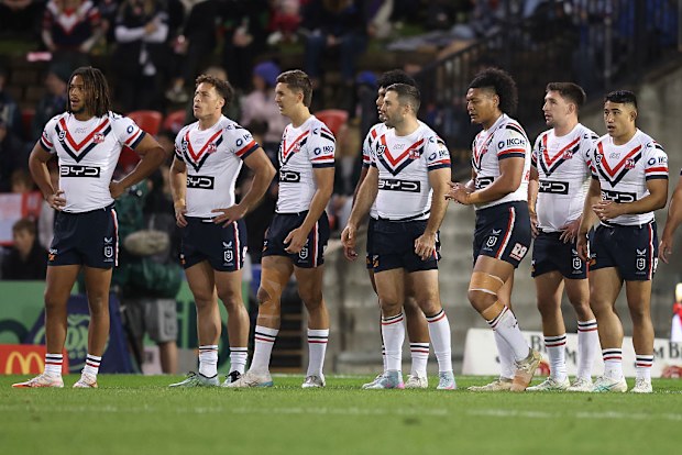 Roosters oyuncuları, Knights'ın attığı bir try'a tepki veriyor.