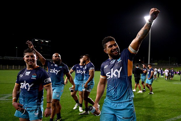 Ardie Savea of Moana Pasifika celebrates after winning the round 14 Super Rugby Pacific match.