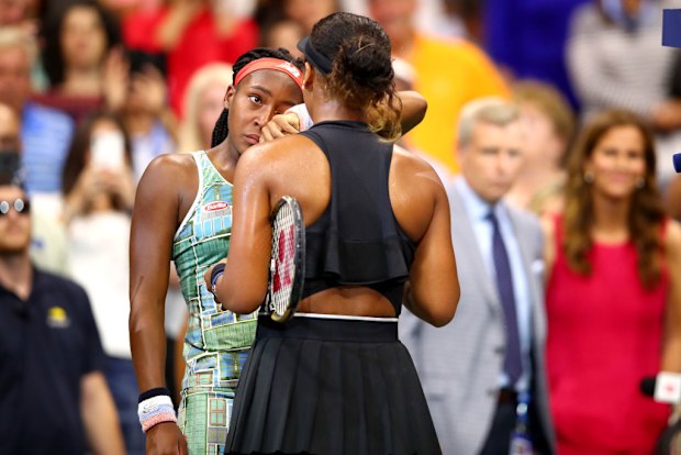 Coco Gauff of the United States and Naomi Osaka of Japan speak at the 2019 US Open.