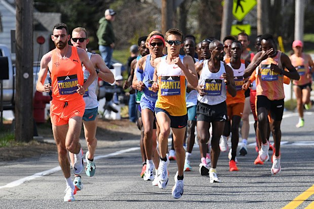 Patrick Tiernan of Australia runs at the front of the men's open division of the 129th Boston Marathon.