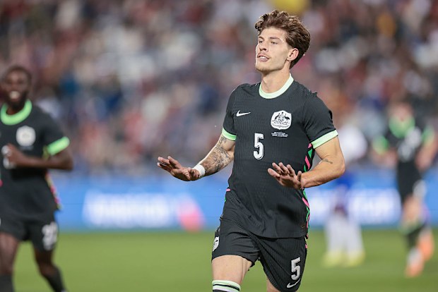 Jordan Bos of Australia celebrates scoring at Dick's Sporting Goods Park.
