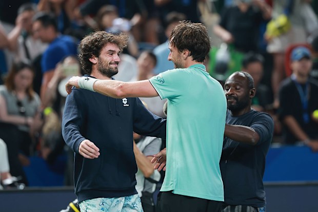 Arthur Rinderknech celebrates with Valentin Vacherot.
