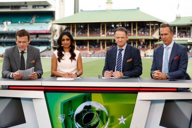 Cricket commentator Adam Gilchrist, Isa Guha, Mark Waugh and Michael Vaughan prior to the start of play.