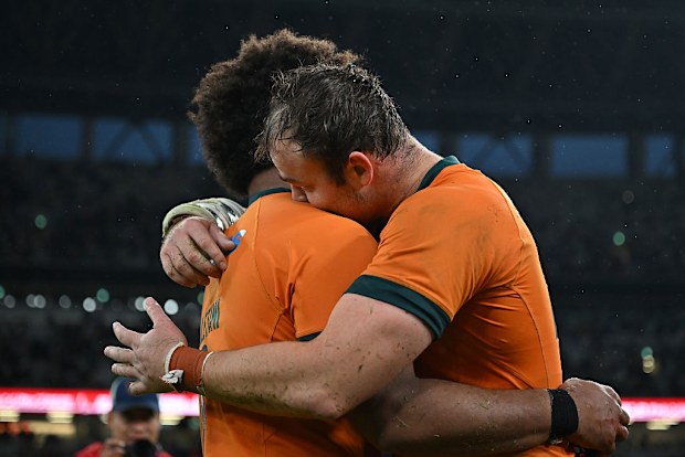 Rob Valetini and Harry Wilson of Australia celebrate after the team's 19-15 victory.