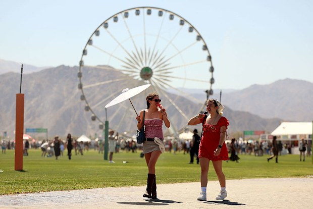 Indio, CA - April 11: Yuna Schirano and Adelaide Groff, of Los Angeles arrive for the first day of the Coachella Valley Music and Arts Festival at the Empire Polo Club in Indio Friday, April 11, 2025.  (Allen J. Schaben / Los Angeles Times via Getty Images)