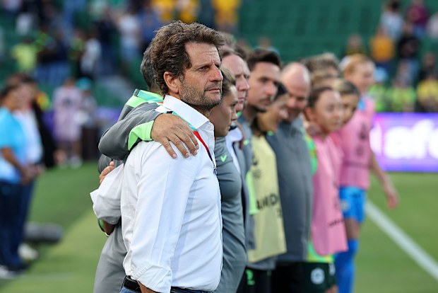 Joe Montemurro, head coach of Australia, watches on.