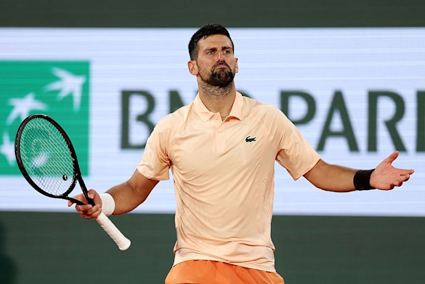 Novak Djokovic of Serbia celebrates against Giovanni Mpetshi Perricard of France.