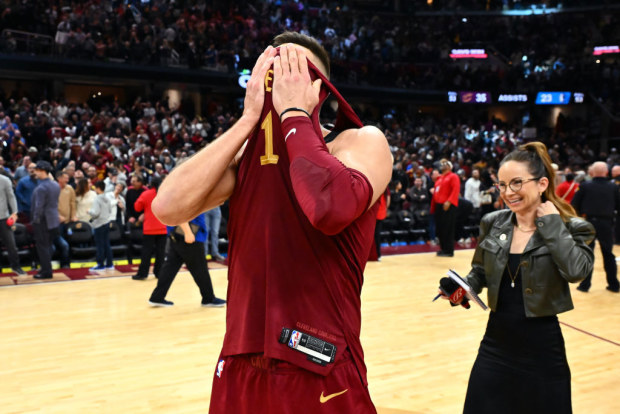 Max Strus of the Cleveland Cavaliers reacts after the buzzer beater.