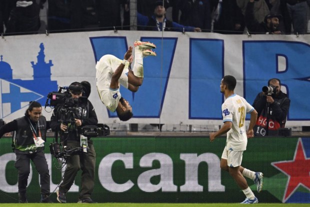 Pierre-Emerick Aubameyang of Marseille celebrates.