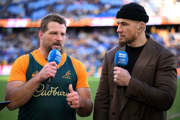 James Slipper of Australia talks with Stan Sport commentator Sonny Bill Williams.
