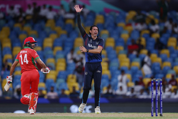 David Wiese of Namibia appeals unsuccessfully for the LBW of Mehran Khan of Oman.