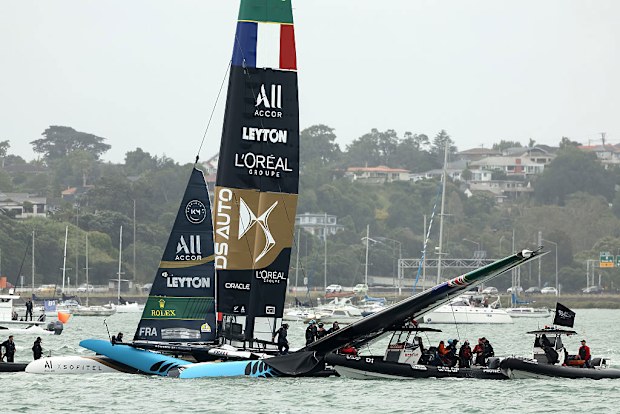 A collision between the Black Foils and DS Team France during SailGP.