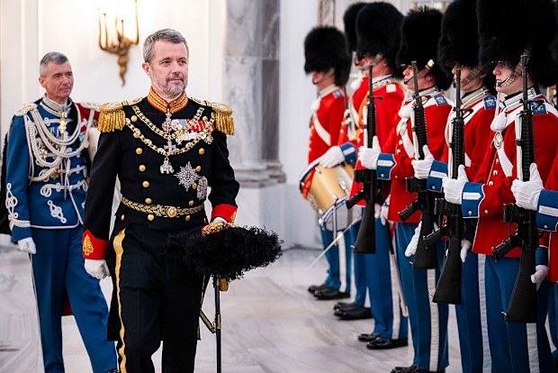 COPENHAGEN, DENMARK - JANUARY 1:  King Frederik X of Denmark inspect the lifeguards at the New Year's Court/the New Year's Day Parade hosted by King Frederik X of Denmark and Queen Mary of Denmark at Christian VII's Palace on January 1, 2026 in Copenhagen, Denmark.  (Photo by Martin Sylvest Andersen/Getty Images)