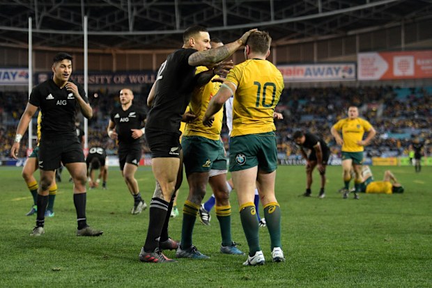 Sonny Bill Williams pats Bernard Foley's head after a disallowed try in 2017.