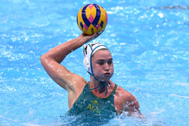 Tilly Kearns of Team Australia shoots in the Women's Water Polo Semifinal match between Australia and Spain.