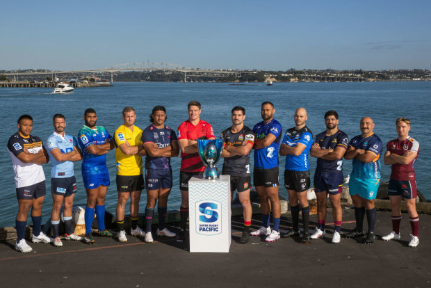 The captains pose with the trophy at the 2024 Super Rugby Pacific season launch.