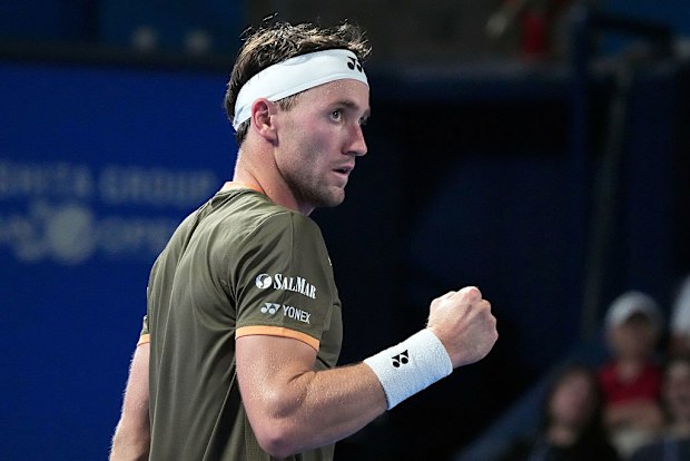 Casper Ruud of Norway celebrates after winning a point.