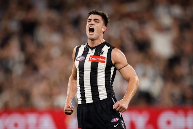 Brayden Maynard of the Magpies celebrates a goal.