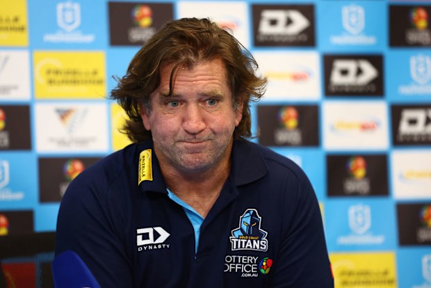 Des Hasler head coach of the Titans speaks to the media.