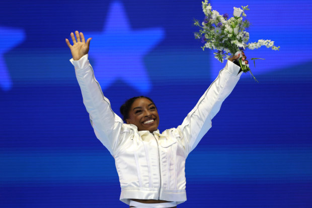 2024 U.S. Olympic Team Gymnastics Trials; Simone Biles celebrates after being selected for her third Olympics.
