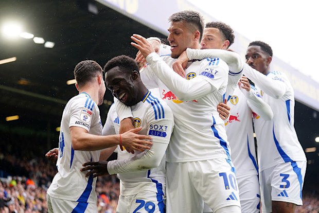 Leeds United's Wilfried Gnonto celebrates scoring their side's sixth goal.