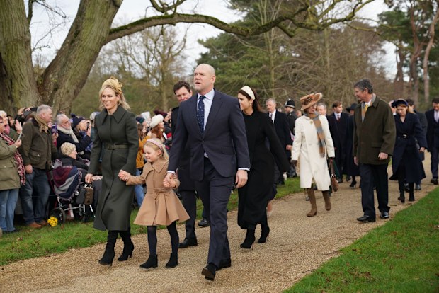 (left to right) Zara Tindall, Lena Tindall, Jack Brooksbank (hidden), Mike Tindall, Princess Eugenie, the Princess Royal and Vice Admiral Sir Tim Laurence attending the Christmas Day morning church service at St Mary Magdalene Church in Sandringham, Norfolk. Monday December 25, 2023. 