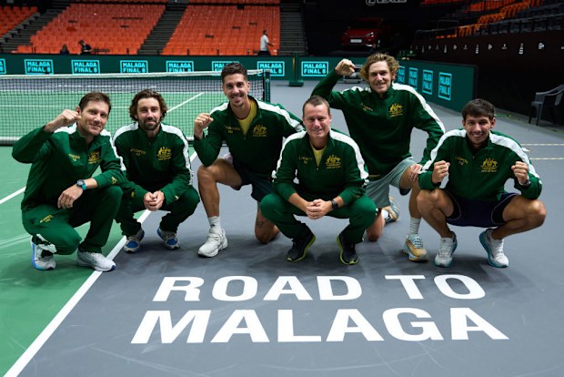 Matthew Ebden, Max Purcell, Captain Lleyton Hewitt, Thanasi Kokkinakis, Jordan Thompson and Alexei Popyrin of Australia pose for a photo after qualifying for the final 8 of the Davis Cup.