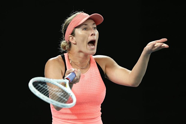 Danielle Collins of the United States reacts.