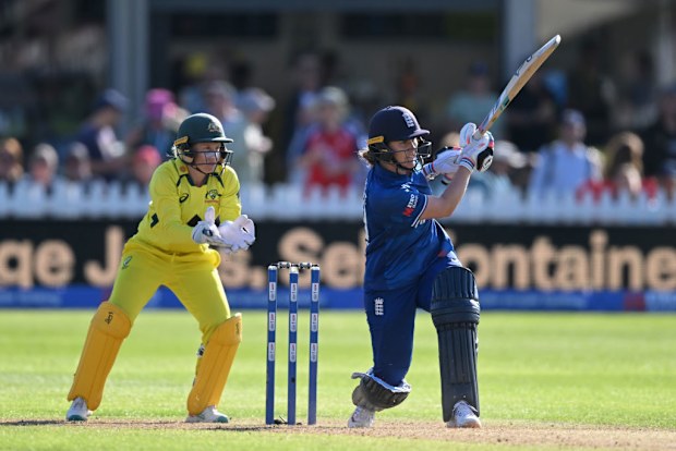Nat Sciver-Brunt of England bats watched by Australia wicketkeeper Alyssa Healy.