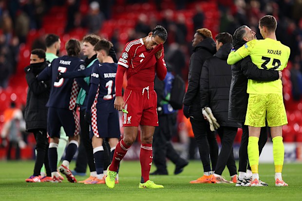 Virgil van Dijk of Liverpool reacts after the team's defeat.
