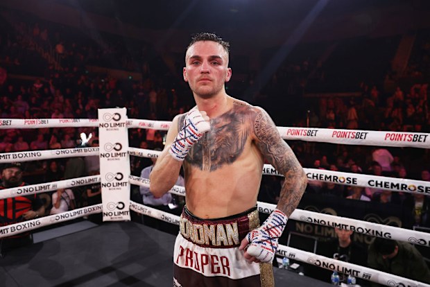 Sam Goodman celebrates defeating Chanoi Worawut during their Super Bantamweight World Title Eliminator bout.