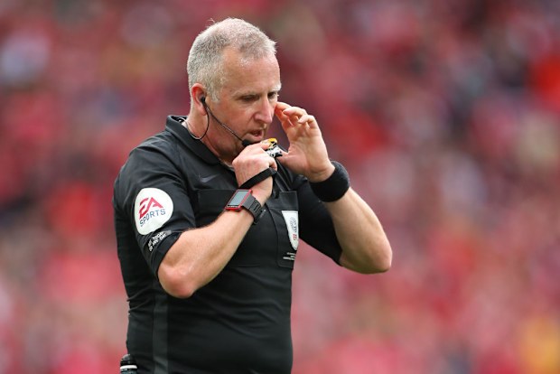 Referee Jon Moss during the Sky Bet Championship Play-Off Final match between Huddersfield Town and Nottingham Forest in 2022.