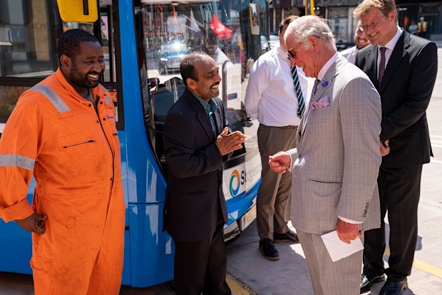 Charles declined an opportunity to ride on one of the vehicles, reportedly due to the heat.