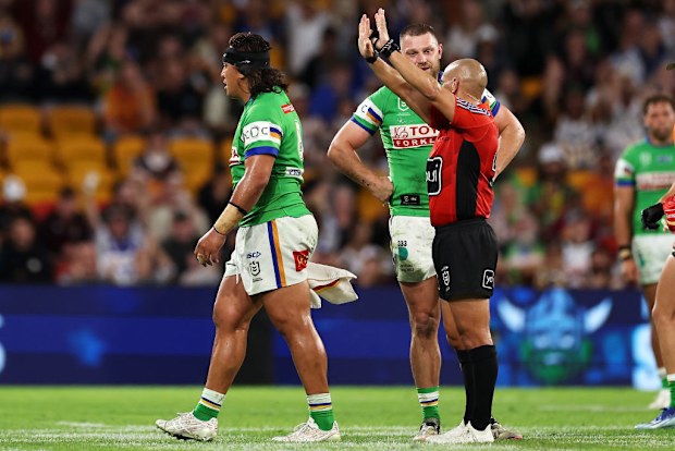 Josh Papali'i of the Raiders is sent off for ten minutes by referee Ashley Klein.